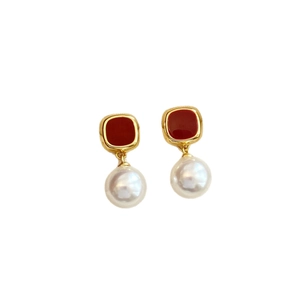 Vintage style square gold base red enamel earrings with round white pearl drop
