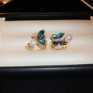 Elegant gold butterfly open ring with freshwater pearl and abalone shell zircon accents