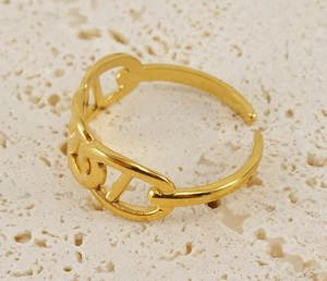 Macro shot of 18K gold plated chain link ring with pig nose design and open adjustable band
