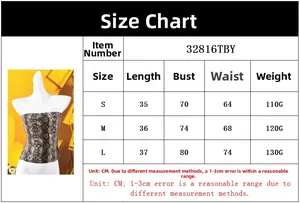 Tableau des tailles pour bustier dos nu motif serpent avec mesures en centimètres