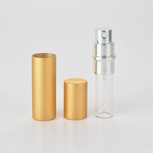 Detailed components of a 5ml gold matte perfume atomiser with glass bottle and sprayer