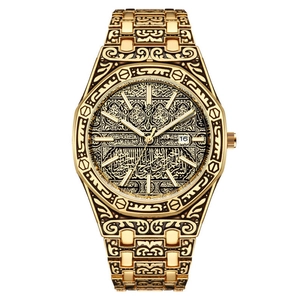 Men Luxury Octagonal Quartz Watch Carved Arabic Calligraphy Pattern Luminous Date Display Metal Strap Business Wristwatch