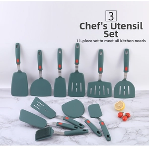 Detailed close-up of 11-piece dark green silicone kitchen utensil set with stainless steel handles