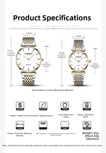 Detailed size specifications for ultra-thin quartz watch with stainless steel strap