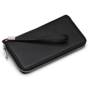 Black RFID long wallet in textured PU leather with silver zipper and wrist strap