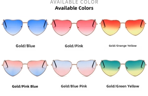 Detail showcasing six colorful heart-shaped sunglasses with slim gold metal frames