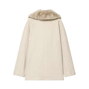 Winter off-white wool coat for women with faux fur collar design, back view flat lay