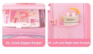 Pink schoolbag detail showing front zipper pocket and side mesh pocket for water bottles