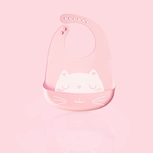 Pink 3D silicone baby bib with adjustable neck strap and cute white cat pattern