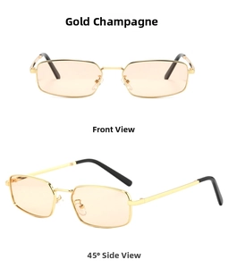 Detailed front and side views of rectangle metal sunglasses in light champagne gold