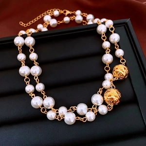 French Retro Double Layer Simulated Artificial Pearl Necklace With Gold Hollow Carved Alloy Beads Long Elegant Sweater Chain