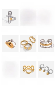 Collection of nine unique minimalist stainless steel rings in gold and silver mix
