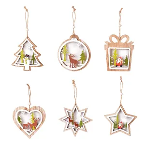 Set of 6 wooden Christmas ornaments with hollow reindeer and snowman designs