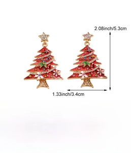 Detailed view of red enamel Christmas tree earrings with colorful rhinestones and dimensions