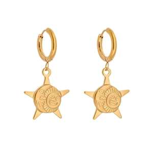 Elegant gold stainless steel sun and star drop earrings on a clean white background
