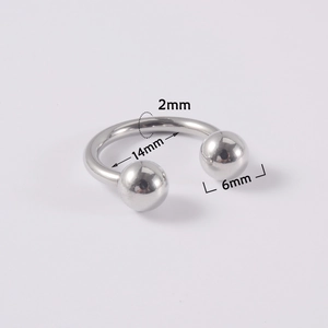 U-shaped stainless steel horseshoe ring with 2mm gauge, 14mm diameter, and 6mm beads