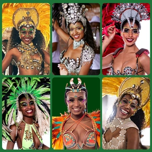 Multicolor carnival feather headpiece and sequined costume set for festival parade