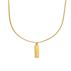 18K gold plated stainless steel rectangle pendant necklace with ALL IN engraving on white background
