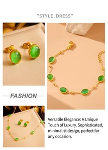 Detailed view of vintage gold emerald-green stone necklace and earring jewelry set