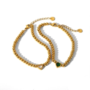 18K gold plated stainless steel beaded bracelets with green and white heart zircons