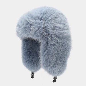 Light grey-blue faux fox fur ushanka trapper hat with protective ear flaps and buckle