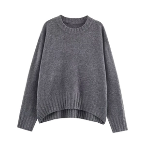 Pull En Tricot À Col Rond Pour Femmes Manches Longues Couleur Unie Nervuré Ample Ourlet Asymétrique Hauts Décontractés