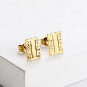 Elegant gold titanium steel rectangular earrings with classic Greek meander pattern