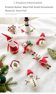 Christmas wool felt ornaments set featuring Santa, snowman and deer on plush white fur
