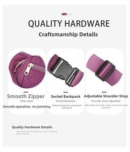 Detail view of the purple nylon bag's durable gold zipper and adjustable buckle strap