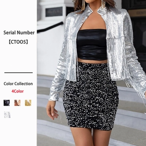 Giacca Da Donna Con Paillettes E Frange Corta Collo Alto Maniche Lunghe Nappa Aperta Davanti Moda Party Luccicante