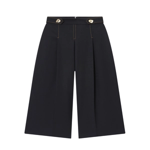 Femme Taille Haute Short Large Coutures Contrastées Bouton Doré Décoratif Décontracté Bureau Style Rue Noir Jupe-Culotte