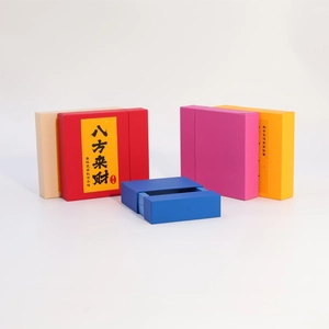 Close-up of colorful drawer-style PE film display boxes with Chinese calligraphy motifs