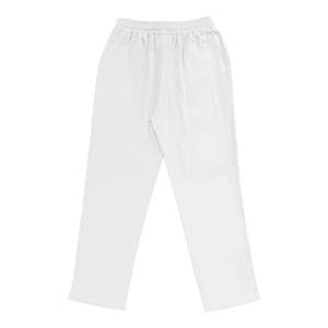 Detail of white linen casual pants featuring a comfortable elastic waistband and loose fit