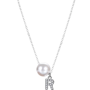 S925 silver letter R necklace for women with white pearl pendant on O-chain link