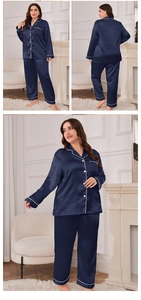 Three views of navy blue silk pajama set showing front, side, and back details