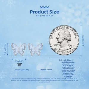 Size scale display of S925 sterling silver butterfly studs with blue gradient enamel