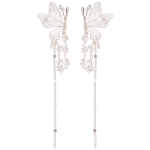 Elegant silver butterfly tassel earrings with crystal beads on a clean white backdrop