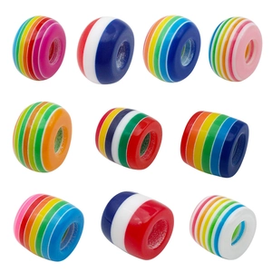 Colorful striped resin barrel beads for DIY bracelets on a clean white background