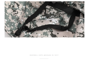 Detail of camouflage sun hat with adjustable drawstring and plastic buckle for secure fit