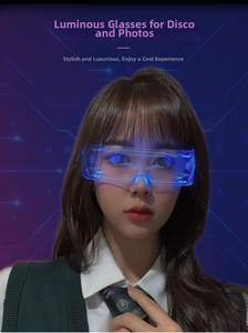 Detail of LED cyberpunk glasses with glowing blue circuit patterns and sleek tech design