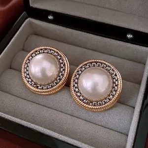Round Button Earrings Vintage Alloy Imitation Artificial Pearl Two Tone With 925 Sterling Silver Earring Post Elegant For Women