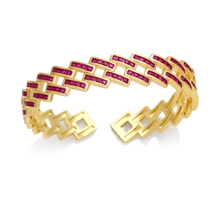 Elegant gold geometric hollow bangle with red square gemstones and sparkling crystals