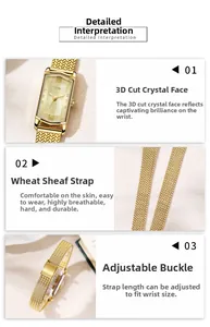 Detail of GEDI rectangular watch featuring faceted glass and milanese metal strap