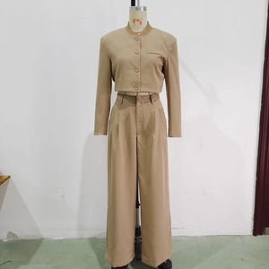 Women's two-piece suit with cropped jacket and high-waist wide-leg pants in camel
