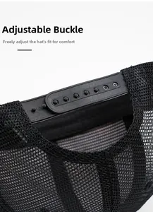 Close-up of adjustable snapback buckle and breathable mesh detail on a black baseball cap
