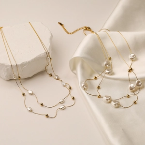 Artificial Baroque Pearl Layered Necklace Titanium Steel Gold Plated Minimalist Irregular Beads Clavicle Chain Jewelry Women