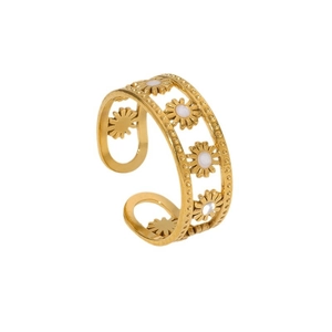 18K gold-plated titanium steel ring with hollow daisy pattern and white enamel center