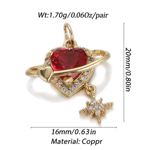 Detail showing dimensions of heart-shaped gold earring with red gemstone and star
