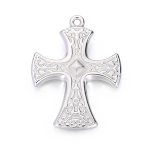 Vintage silver stainless steel cross pendant with intricate embossed floral patterns