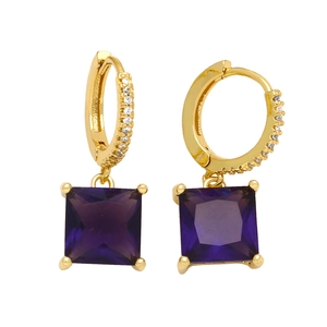 Elegant gold earrings with square purple zircon pendants and sparkling small stones